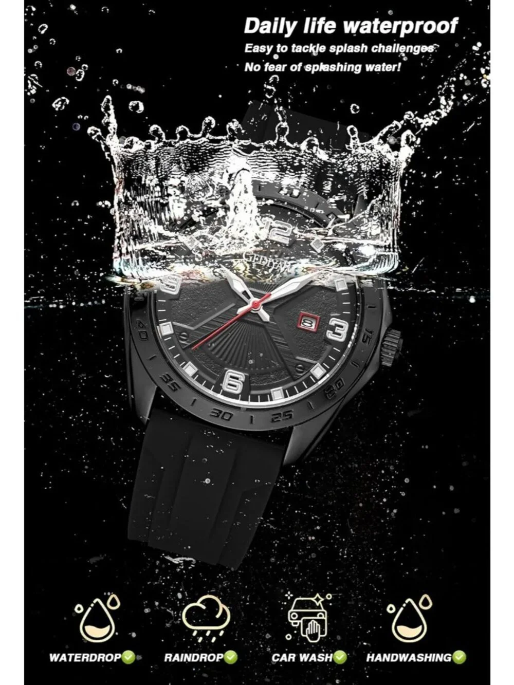 Men's All Black Analog Quartz Sport Stylish Waterproof Silicone Band Wrist Watch